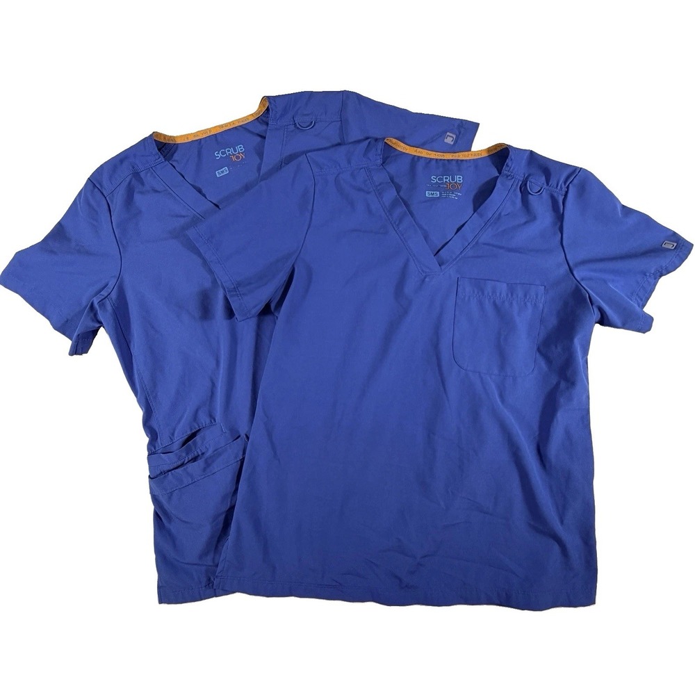 ScrubJoy Scrub Top Women's Sz S Blue Short Sleeve Pockets Medical (Bundle Of 2)